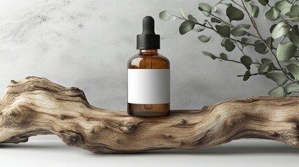 Fototapeta premium Amber glass dropper bottle with blank label on rustic wood, minimalist spa setting.