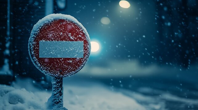 A no entry warning sign completely encased in snow, sitting near the edge of a frozen parking lot under dim winter light.