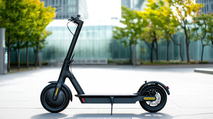 A sleek, modern electric scooter parked in an urban setting with greenery in the background, showcasing eco-friendly transportation.