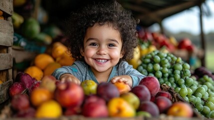 Fototapeta premium A beaming child sits amidst a colorful display of fresh fruits, radiating joy and showcasing the beauty and diversity of nature’s bounty in a vibrant market setting.