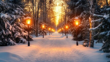 A snowy landscape featuring a frosty path lined with fir trees and glowing lanterns, under a golden winter sunset. Ideal for holiday cards with text space.