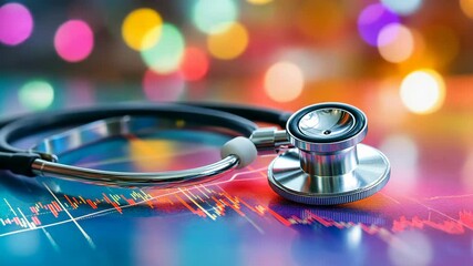 Medical equipment rests on a colorful background with data analysis elements emphasizing health and technology integration - Powered by Adobe