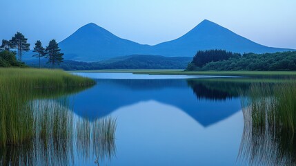 Fototapeta premium Serene twilight lake reflecting majestic mountains.
