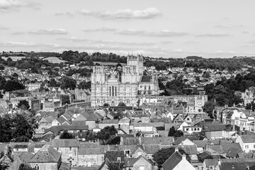 Wells, Somerset, England, UK: Aerial view of Wells old town and Wells Cathedral, the Cathedral Church of Saint Andrew in black and white