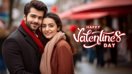 Fototapeta premium Happy Valentine's Day Banner with Young Couple Embracing in Winter Clothes Photo.Fictional Character Created By Generative AI