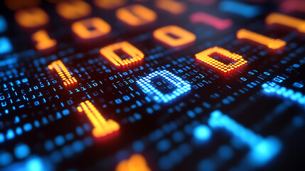 Obraz premium A close-up shows binary code with glowing orange and blue colors, indicating computer data.