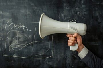 Businessman holds megaphone  blackboard says  Special Offer  in Spanish.