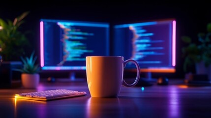 Web Developer Desk with Neon Glow. Generative AI