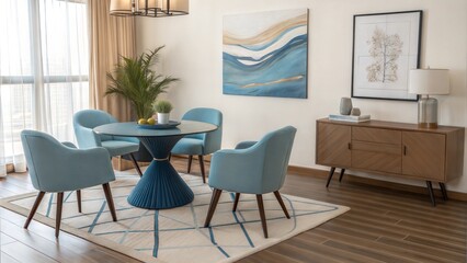 Japandi, minimalist interior design of modern living room. Dining room with blue dining table and stylish chairs.