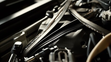 Fototapeta premium Scene of a mechanic examining a vehicle's belts and hoses. Featuring worn parts in view