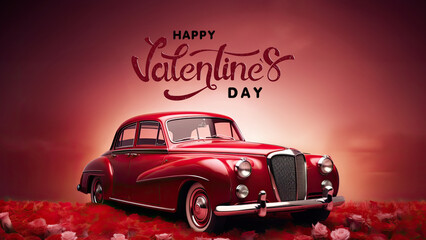 Happy Valentine's Day Banner with 3D Red Vintage Car on Roses Background.