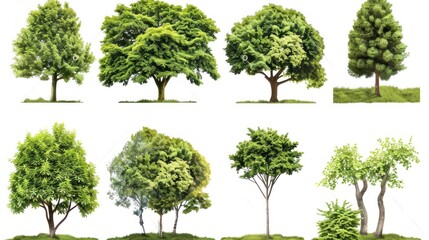 Fototapeta premium Eight lush green trees isolated on white.