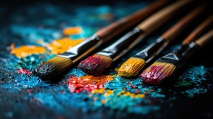 Fototapeta premium A close-up of paintbrushes resting on a colorful palette of paint.