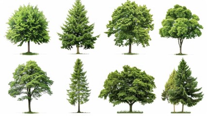 Fototapeta premium Eight lush, green trees isolated on white.