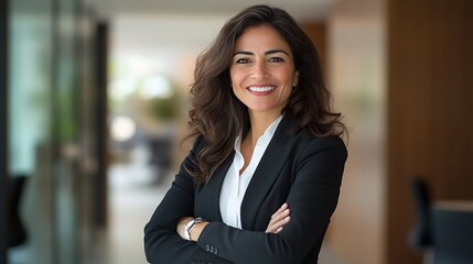 A poised and cheerful 45-year-old Latin corporate leader, standing with arms crossed, smiling confidently in an elegant and professional office setting.