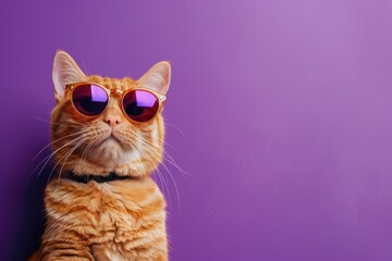 Cat with sunglasses on violet background with copy space. Trendy business banner.