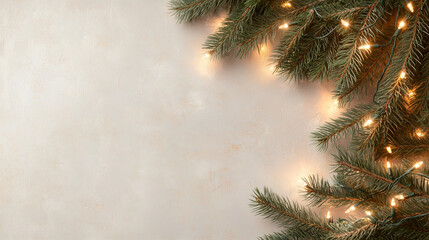 An elegant close-up banner of fluffy fir tree branches with a warm golden glow from string lights. The vintage-inspired dark green design adds a cozy and timeless Christmas touch."