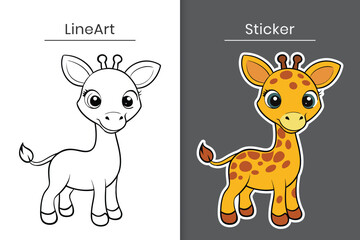 Cute cartoon baby deer vector outline and sticker. Cute baby deer line art flat illustration