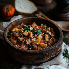 Artistic shot of bigos with deep earthy tones, clean background, traditional and hearty look