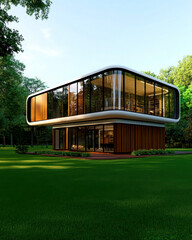 Fototapeta premium Modern architectural design with large windows and green surroundings.