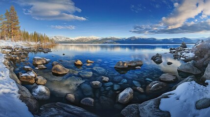 Panoramic View of Emerald Bay at Lake Tahoe in Winter, Blue Sky, Epic Scenery, Nature’s Masterpiece