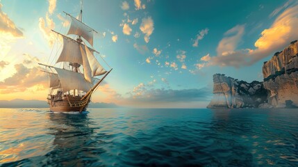 Obraz premium Sailing ship in ocean by cliffs at sunset with bright sky.
