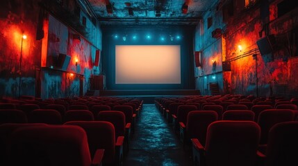 Fototapeta premium Empty vintage movie theater with red seats and a large screen.