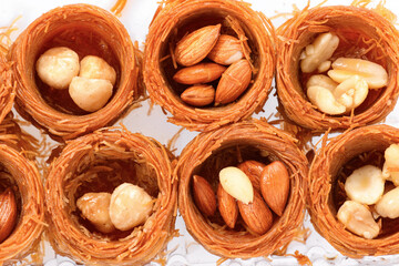 Sweet food Turkish delight, traditional food, bird's nest with honey and nut