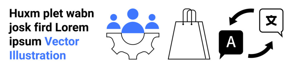 People icons on a gear representing teamwork, shopping bag indicating e-commerce, and language translation symbols. Ideal for business, technology, e-commerce, globalization, teamwork, language