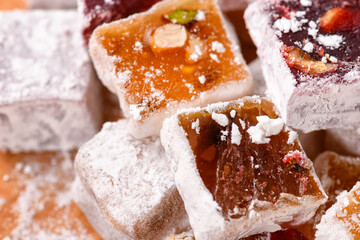 Sweet food Turkish delight, assorted rahat locum in form of cubes with nuts and powdered sugar, traditional food