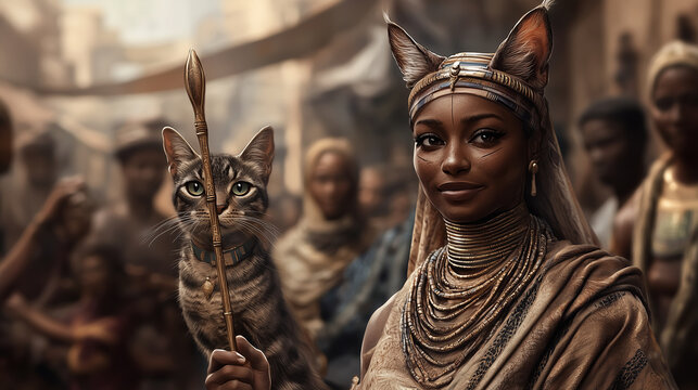 A dynamic portrayal of the goddess Bastet, with the body of a woman and the head of a cat, wielding a scepter of power. Her eyes glow with divine strength as she stands amidst a bu