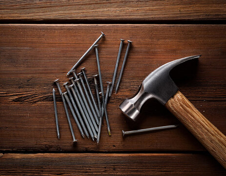 un martillo de carpintero y unos clavos de carpinteria sobre una tabla de madera, s&iacute;mbolo de trabajo manual, esfuerzo y tradici&oacute;n de los oficios