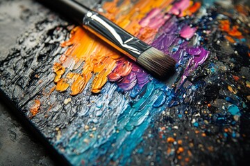 Fototapeta premium Colorful eyeshadow palette with brush arranged for makeup application on a dark surface
