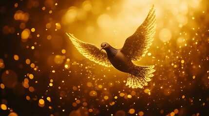 Fototapeta premium A pristine dove symbol flying over a radiant golden light, symbolizing peace and spirituality.