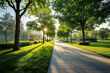 Obraz premium Green Urban Path with Glass Building and Trees Illuminated by Morning Sunlight
