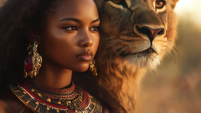 The goddess Sekhmet, her lioness head glistening with gold and red accents, portrayed with remarkable realism as she stands in front of a blurred desert landscape, her fierce gaze
