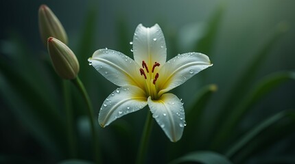 Fototapeta premium White Lily Flower with Dew Drops.