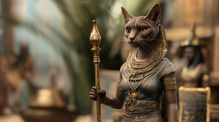 A lifelike representation of Bastet, the cat-headed goddess, standing proud in front of a blurred Egyptian market scene. Her realistic form, complete with a golden scepter, emanate