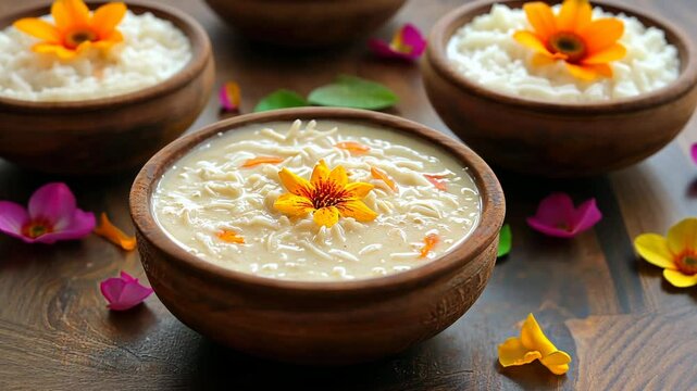 Bowl of white soup with a flower on top. The bowl is brown and has a floral design