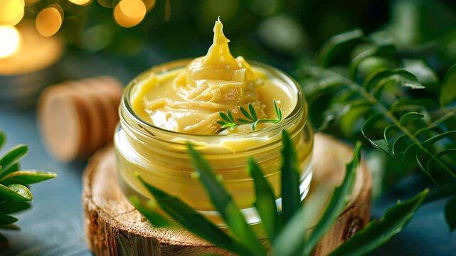 Jar of yellow cream sits on a wooden table with green leaves surrounding it. The jar is half full and the cream is spread out on the table. The scene has a warm and inviting atmosphere