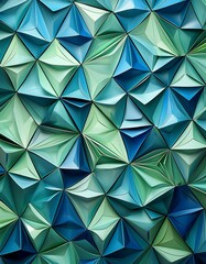Abstract geometric teal and green paper art. Complex folded shapes create a 3D textured effect.