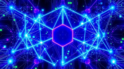 Abstract Neon Geometry: A vibrant and hypnotic digital illustration, featuring a mesmerizing interplay of glowing lines, shapes, and colors against a dark backdrop.