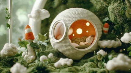 Cozy Crochet Pod in Enchanted Forest Fantasy Scene Cute Animal Whimsical