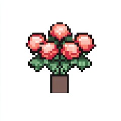 Fototapeta premium Pixel Art Flower Pot Red Blooms 8 bit Plant Game Asset