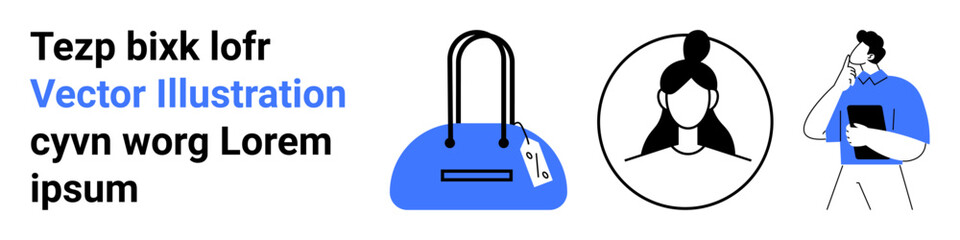 Handbag in blue, female portrait with bun hairstyle, and businessperson with notebook. Ideal for fashion, personal identity, business professional, corporate branding, shopping themes, female