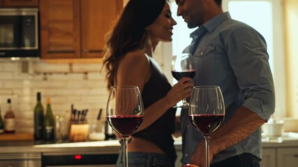 Man and woman are holding wine glasses and standing in a kitchen. The woman is wearing a black tank top and the man is wearing a blue shirt. There are two wine glasses on the table, one in each hand - Powered by Adobe