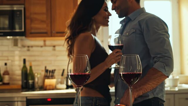 Man and woman are holding wine glasses and standing in a kitchen. The woman is wearing a black tank top and the man is wearing a blue shirt. There are two wine glasses on the table, one in each hand