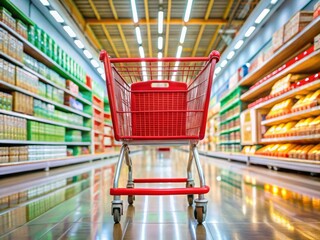Red Shopping Cart Wide Angle Photo - Supermarket Trolley, Grocery Cart, Retail, Shopping