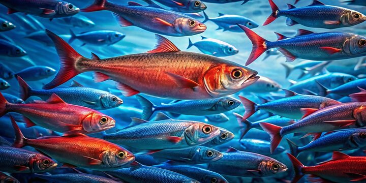 Red Herring Among Blue Herrings: Action Shot -  Unique Fish Deception, Underwater Scene, Aquatic Life,  Ocean Mystery, Surreal Fish Art