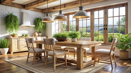 Fototapeta premium Rustic Farmhouse Kitchen: Wooden Table, White Chairs, Pendant Light - Rule of Thirds Photography